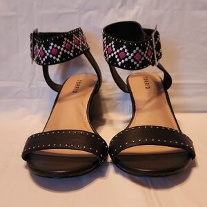 torrid Black Ankle-Strap Sandals with Pink and White Embellishment